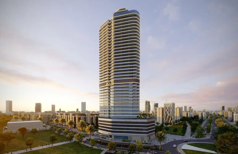 Electra at JVC in Dubai front view A large apartment with walking paths and many beautiful green spaces