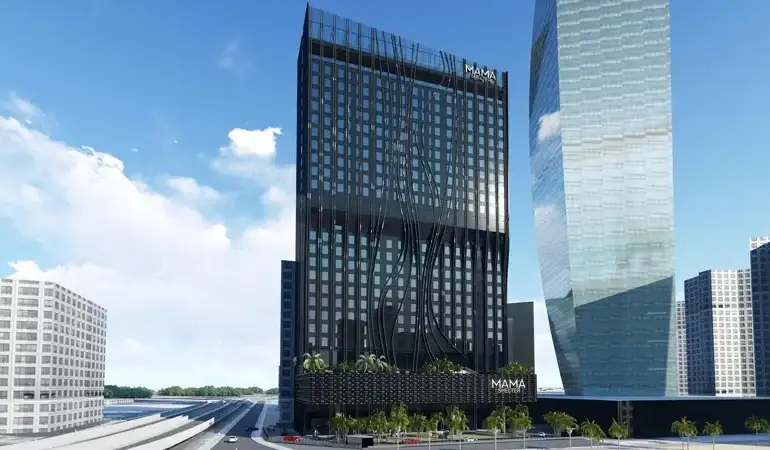 Modern architectural rendering of Mama Residences, a luxury 26-storey building offering fully furnished apartments with high-end amenities, located in Business Bay, Dubai