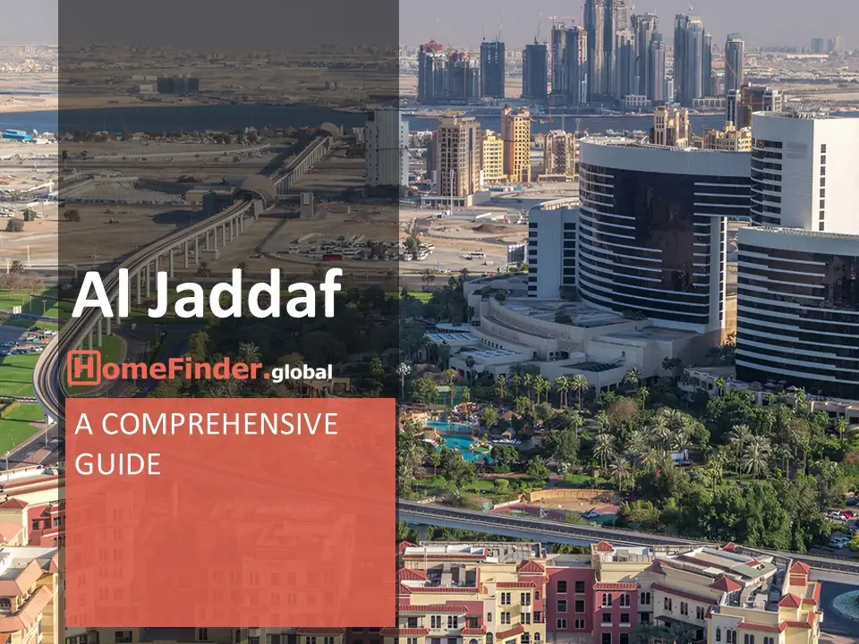 Al Jaddaf Aerial view of a modern urban landscape in Dubai, showcasing a raised monorail system running through lush greenery, resort-like pools, and buildings in diverse architectural styles, with high-rise towers in the background