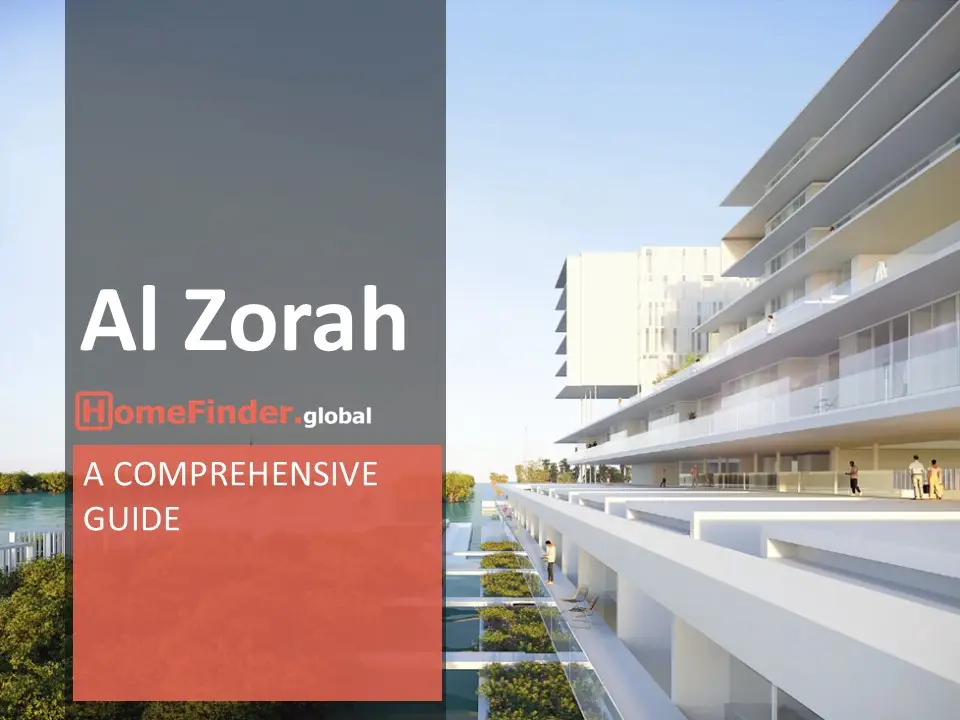 Rendering of the Al Zorah Gateway, showcasing modern architectural design with green spaces, and a blend of natural surroundings and urban development, featuring sleek buildings and open areas