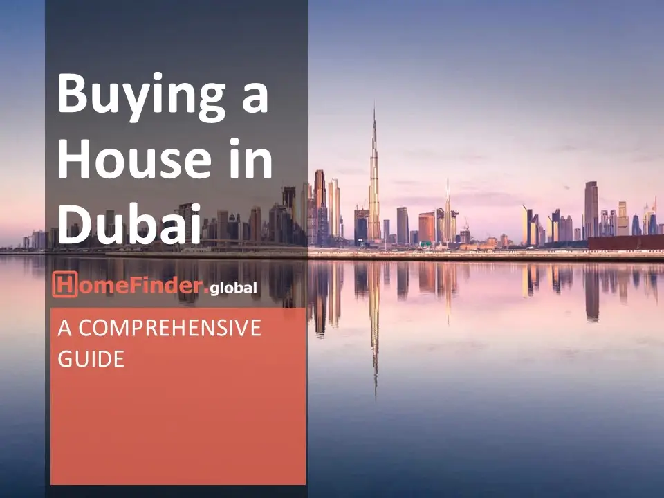 تصویر کاور که شامل آسمان‌خراش‌های نمادین دبی، از جمله برج خلیفه است. عنوان "Buying a House in Dubai" به وضوح در بالای تصویر با فونت مدرن و برجسته نمایش داده شده است. در گوشه پایین تصویر، لوگوی HomeFinder.global قابل مشاهده است که به موضوع راهنمای املاک اشاره دارد. لحن کلی تصویر باید حس حرفه‌ای و مدرن بازار املاک را منتقل کند، با نورهای شهری زنده و آسمان صاف در پس‌زمینه.