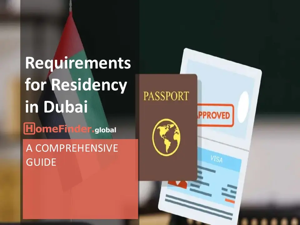 Residency in Dubai An image showing the UAE flag, a passport, and a visa document marked 'approved,' highlighting Requirements for Residency in Dubai part of a guide by HomeFinder.global.