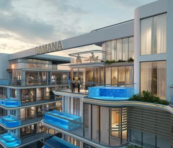 A modern building with balconies featuring private pools. The sleek, contemporary design of the Samana Rome project offers luxurious living spaces with expansive glass windows and a stylish exterior.