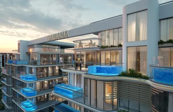 A modern building with balconies featuring private pools. The sleek, contemporary design of the Samana Rome project offers luxurious living spaces with expansive glass windows and a stylish exterior.