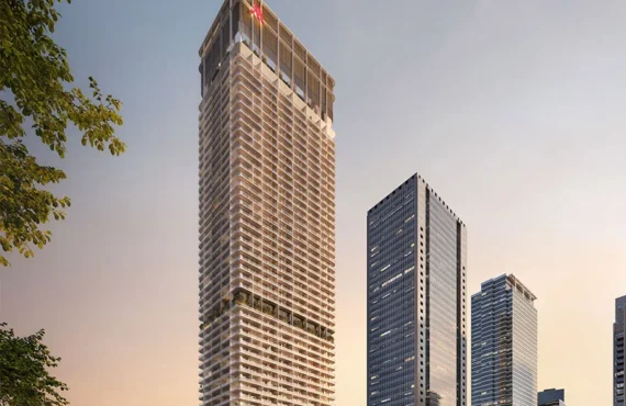 Marriott-Residences-at-JLT- front view High-rise apartments with facades in navy and silver colors, featuring mesh window screens