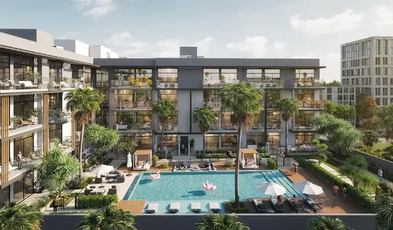 A striking architectural view of Oxford Terraces 2, featuring a sleek residential design with a luxurious poolside setting in Dubai.