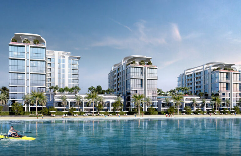 Crystal-clear waters surrounding elegant beachfront properties in Dubai, perfect for swimming, yachting, and other water sports.
