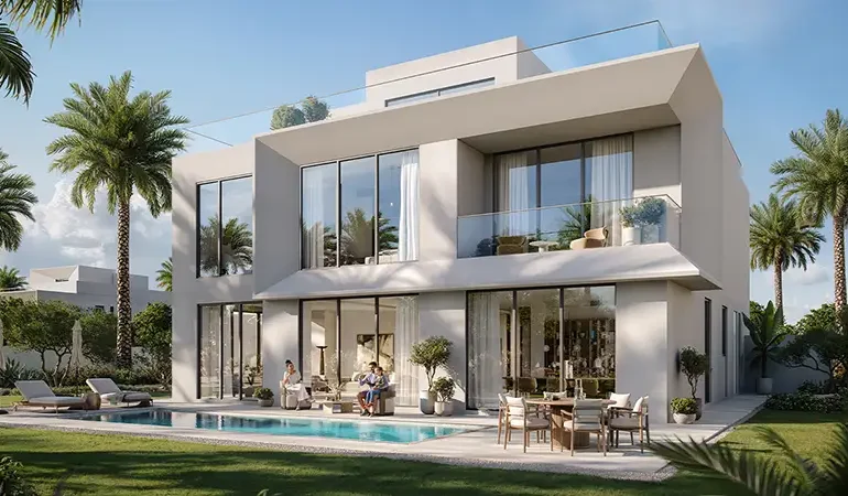 A thoughtfully designed family villa with large windows, multiple balconies, and a peaceful outdoor area, offering an ideal blend of space and sophistication.
