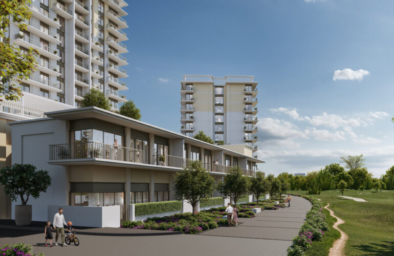 A sleek, modern residential tower surrounded by lush green golf courses, offering a premium lifestyle with breathtaking views and resort-style living.