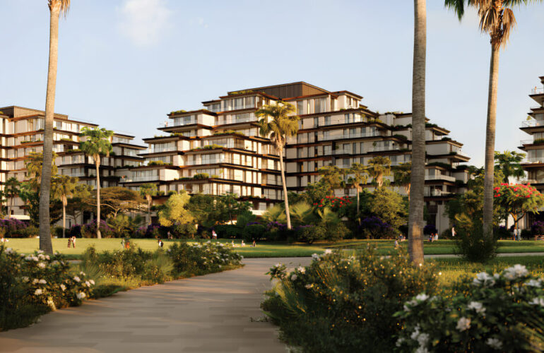 A breathtaking residential complex with lush greenery, cascading terraces, and modern architectural design—offering a serene lifestyle at Sama Yas Dubai.