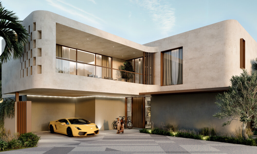 A uniquely designed modern villa at Al Tay Hills in Dubai with large windows and a luxury car at the entrance.