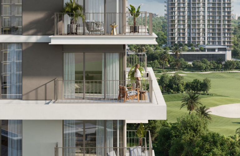 The sleek, contemporary facade of Golf Meadow Dubai, featuring glass balconies with stunning golf course views—an exceptional opportunity for investment in Dubai’s luxury real estate.