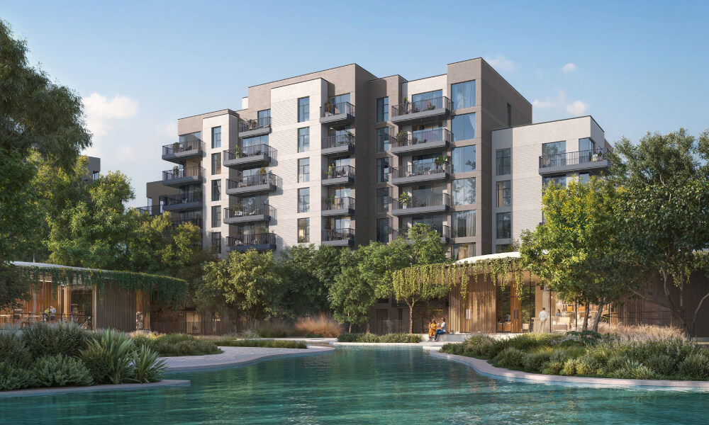 Discover contemporary luxury at Capria at Ghafwoods by Majid Al Futtaim, featuring modern apartments surrounded by lush greenery and serene water features.