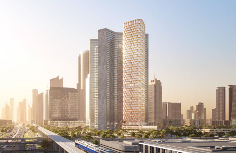 A modern high-rise tower set against a bustling city skyline, bathed in warm golden sunlight, offering urban luxury living.