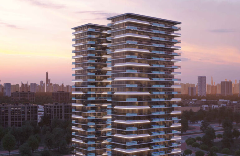 A breathtaking image of a luxury residential tower illuminated at dusk, with the Dubai skyline in the background, creating a mesmerizing cityscape.