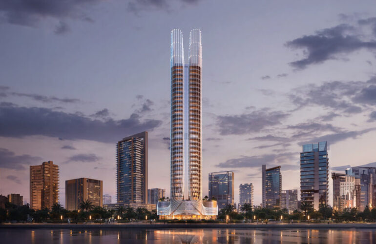 Modern twin-tower design of Binghatti Skyhall Dubai set against the urban daytime skyline of Dubai.