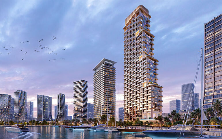 Striking architectural render of ATELIS towers soaring above the creative skyline of Dubai Design District.