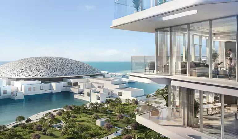 A breathtaking balcony view at Louvre Residences Saadiyat Grove Dubai showcasing the sea, city skyline, and cultural landmarks.