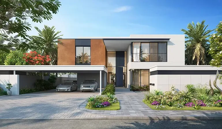 Modern private villa in Saadiyat Lagoons Wilds, Dubai, with landscaped entry and sleek architectural lines.