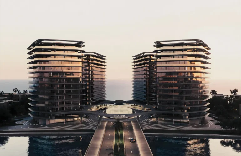 Front view of the twin towers at Brabus at Al Raha Island, Abu Dhabi, a stunning addition to Dubai’s luxury property landscape