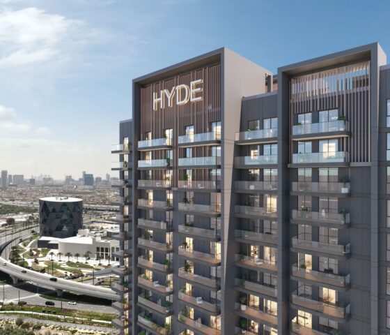 Exterior view of the building block showing the Hyde Residence logo and project signage