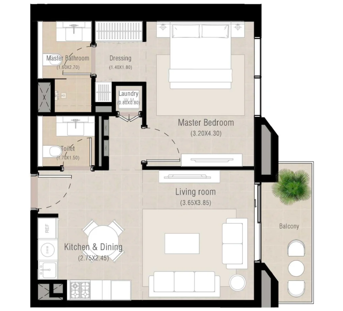 Cozy 1-bedroom layout at Alton by Nshama, Town Square Dubai, with open living and kitchen area.