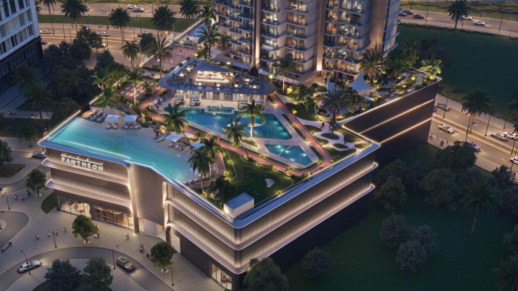 Beachside infinity pool and sun loungers at Voxa by Pantheon with skyline views
