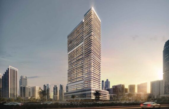 Exterior view of Binghatti Hillviews tower at sunset in Dubai skyline