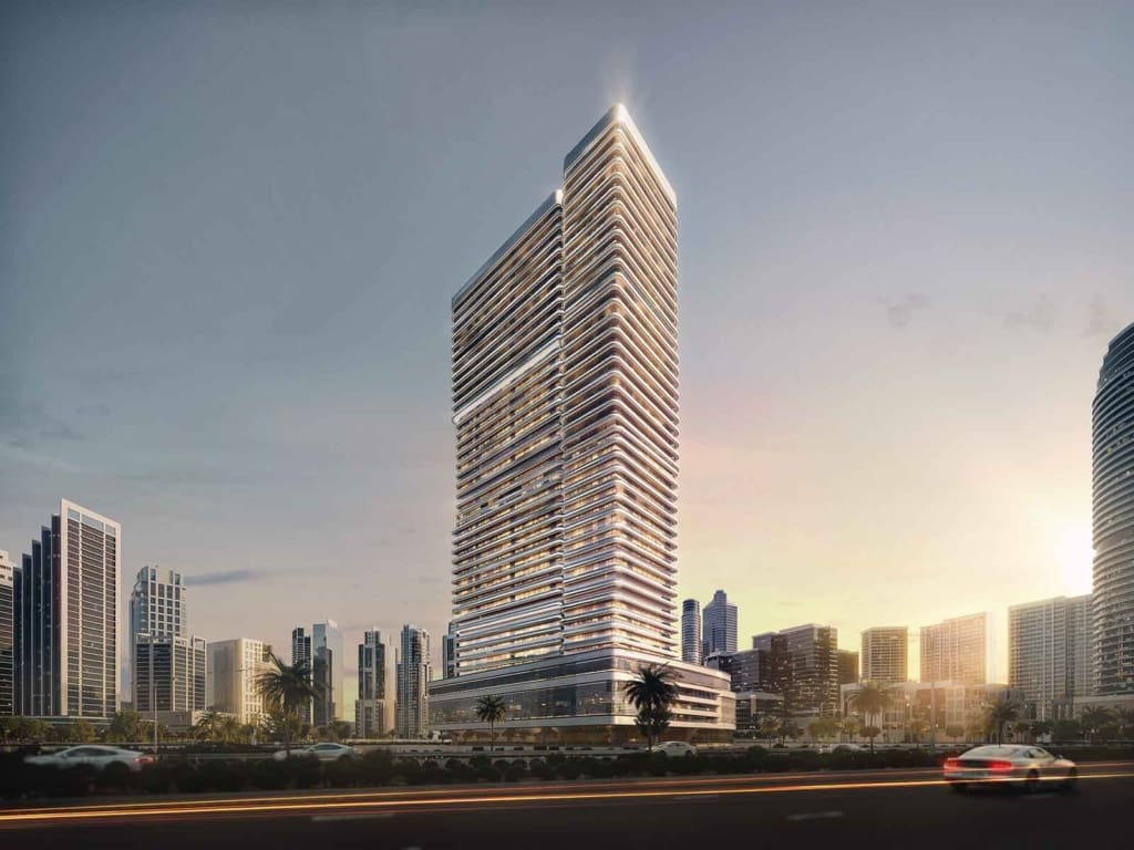Exterior view of Binghatti Hillviews tower at sunset in Dubai skyline
