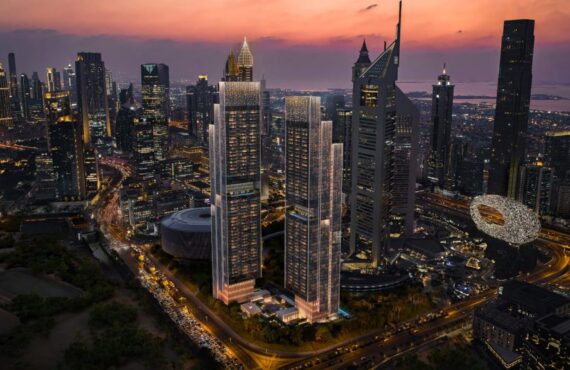 Emirates Towers by Meraas – High-rise towers at dusk with pool view