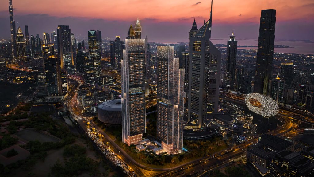 Emirates Towers by Meraas – High-rise towers at dusk with pool view