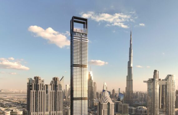 Trump Tower by DARGLOBAL in Dubai rising above a stunning skyline at sunset