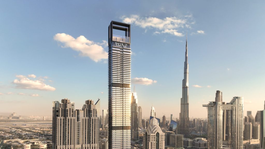 Trump Tower by DARGLOBAL in Dubai rising above a stunning skyline at sunset