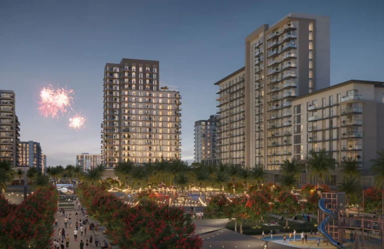 Evening lights and a festive look at Alton by Nshama, Dubai – lively and family-friendly.