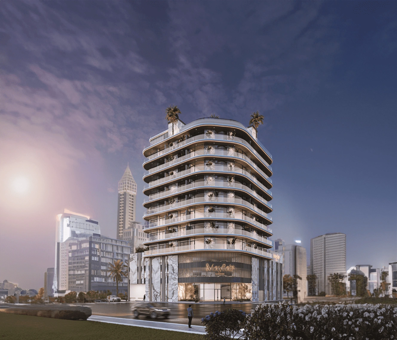 Mayfair Gardens Dubai – Night view of building with city skyline