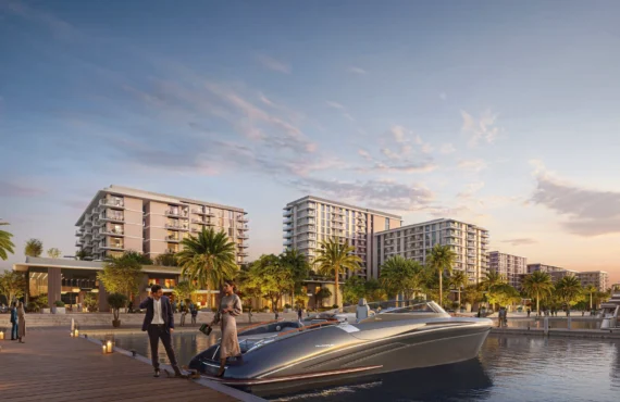 Pier Point 2 Waterfront promenade with low-rise buildings and luxury boats at Pier Point 2