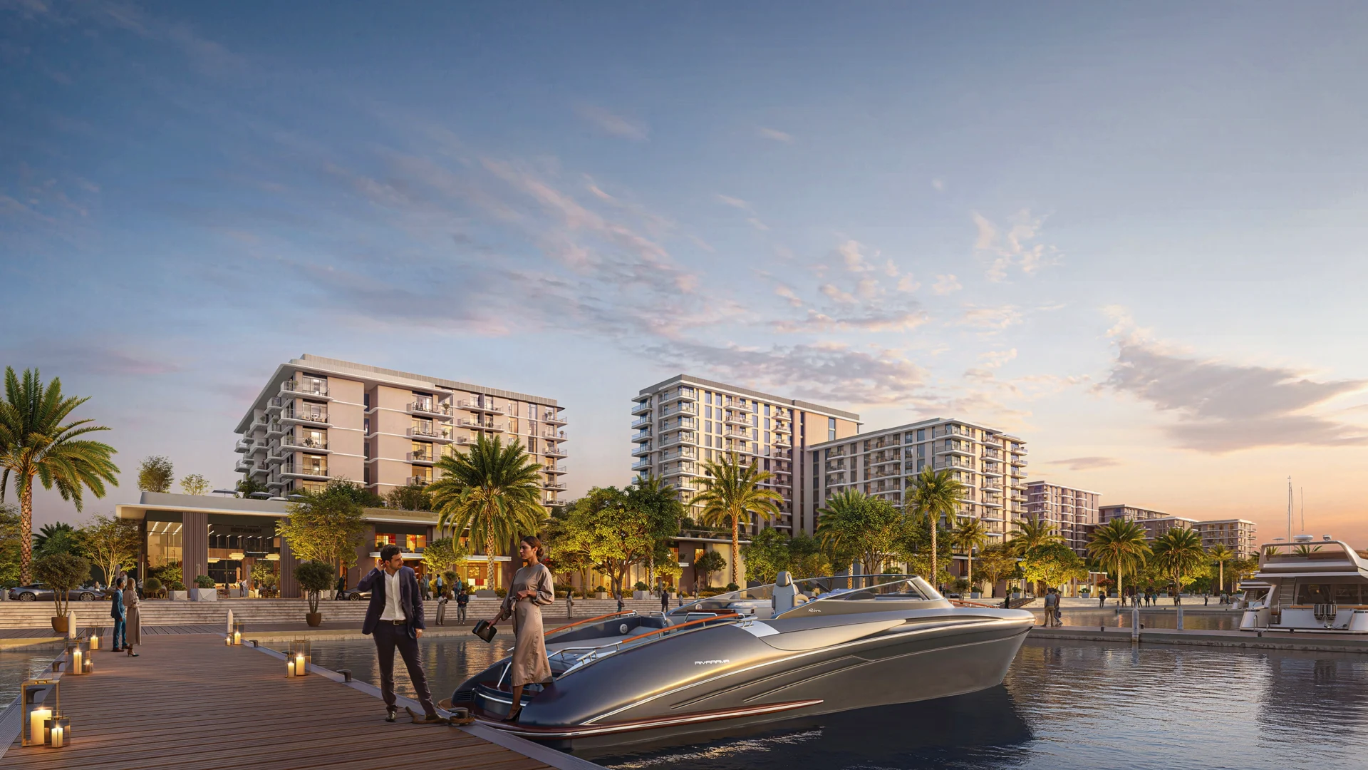 Pier Point 2 Waterfront promenade with low-rise buildings and luxury boats at Pier Point 2