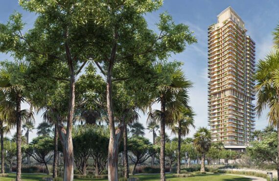 Palm-lined entrance to The Mural by Beyond in Dubai with coastal tower views