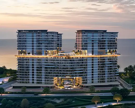 Costa Mare at Al Marjan – Twin tower architecture at dusk