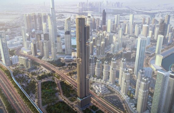 Drone shot of DWTN Residences skyscraper among Dubai skyline