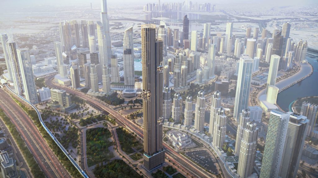 Drone shot of DWTN Residences skyscraper among Dubai skyline