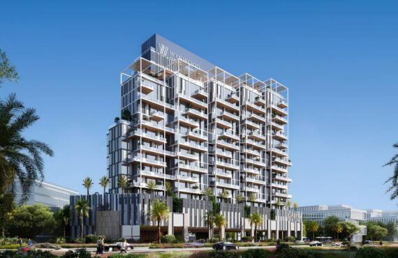 Modern facade of Wynwood by Imtiaz Developments with palm trees