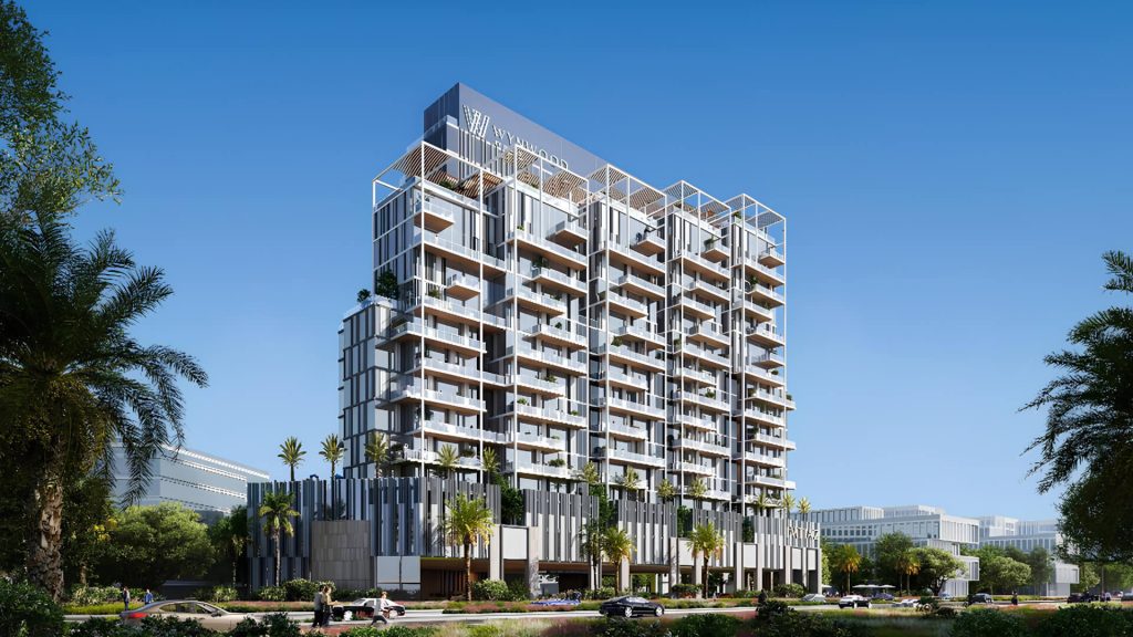 Modern facade of Wynwood by Imtiaz Developments with palm trees