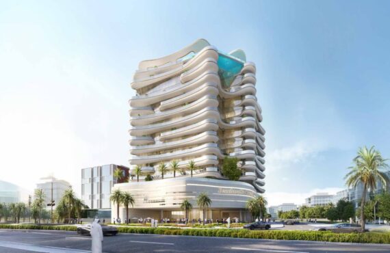 Top-down view of Beach Walk Grand building in Dubai from the said