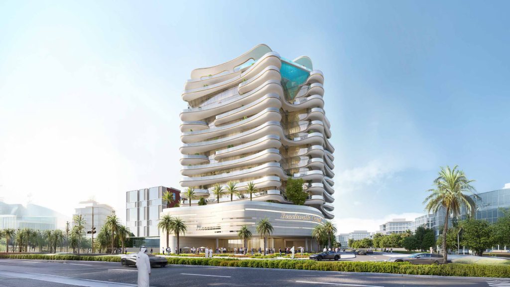 Top-down view of Beach Walk Grand building in Dubai from the said