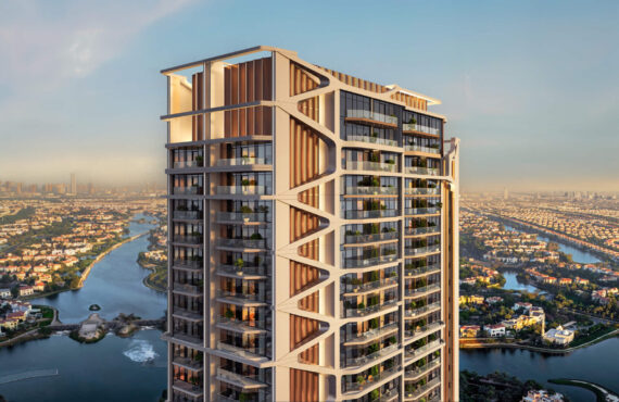 Elevated view of Altiera Heights with Dubai skyline and waterways