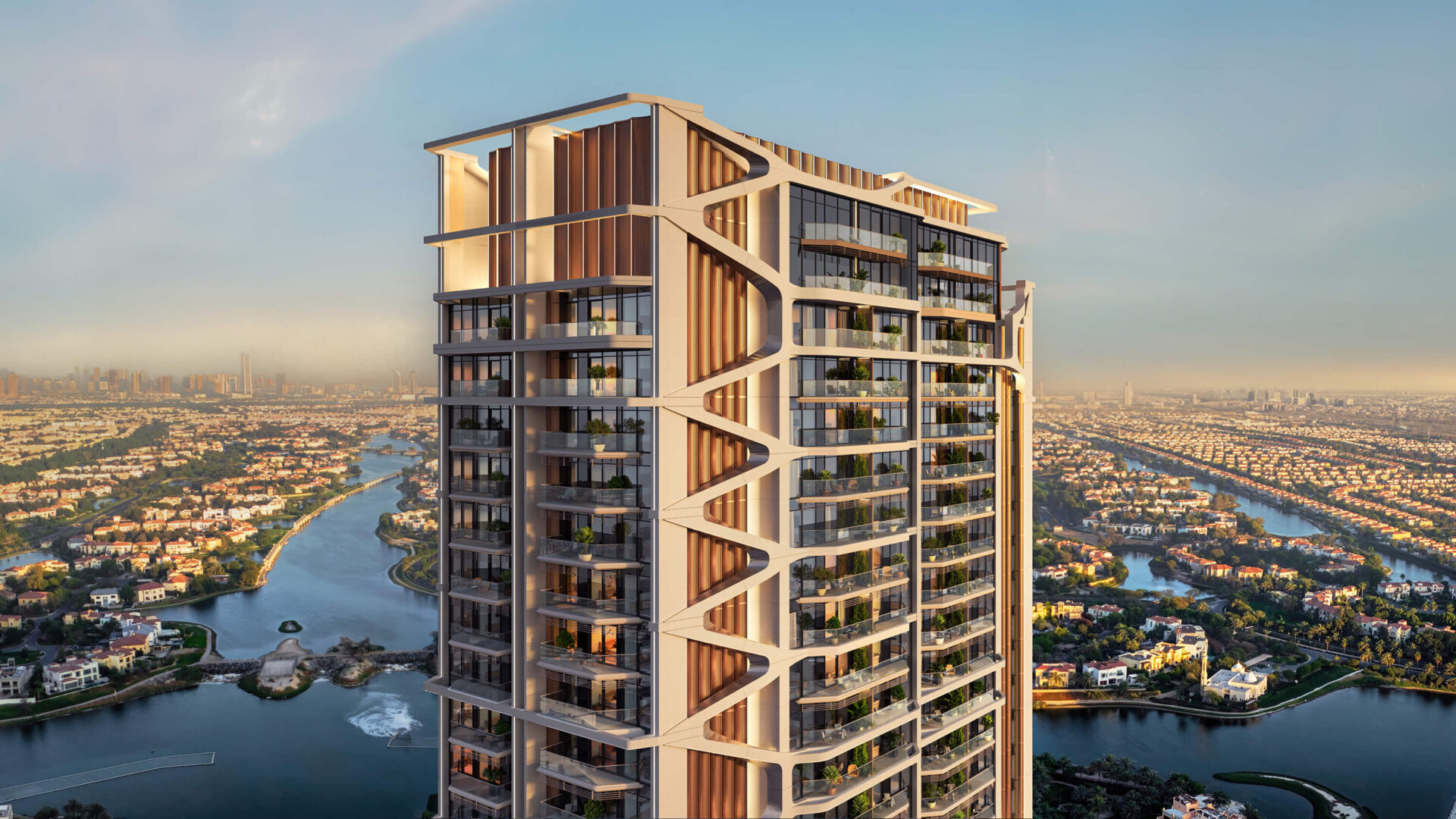 Elevated view of Altiera Heights with Dubai skyline and waterways