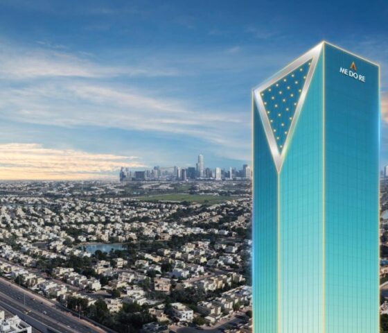Aerial view of ME DO RE Business skyscraper in Dubai