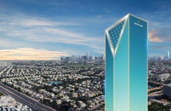Aerial view of ME DO RE Business skyscraper in Dubai