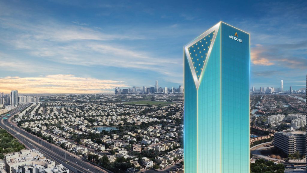 Aerial view of ME DO RE Business skyscraper in Dubai